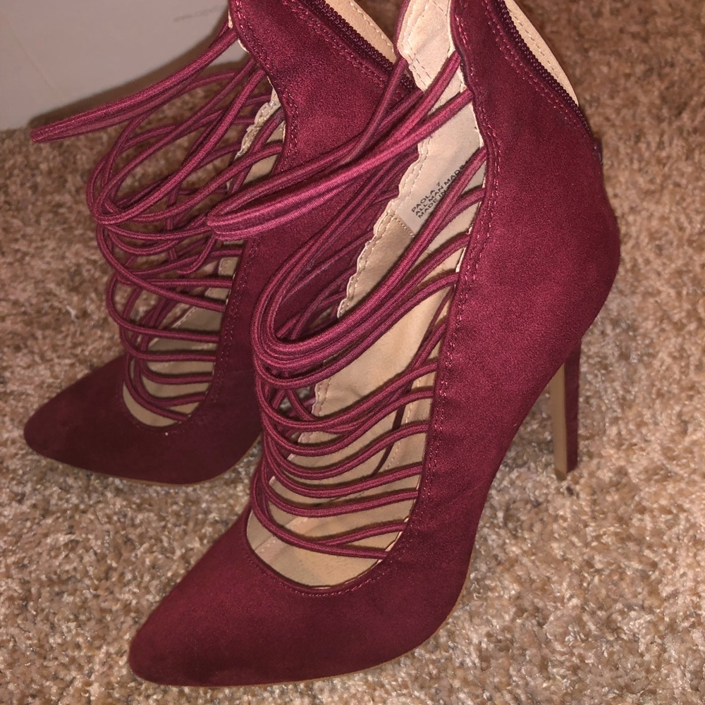 Burgundy heels with multiple straps